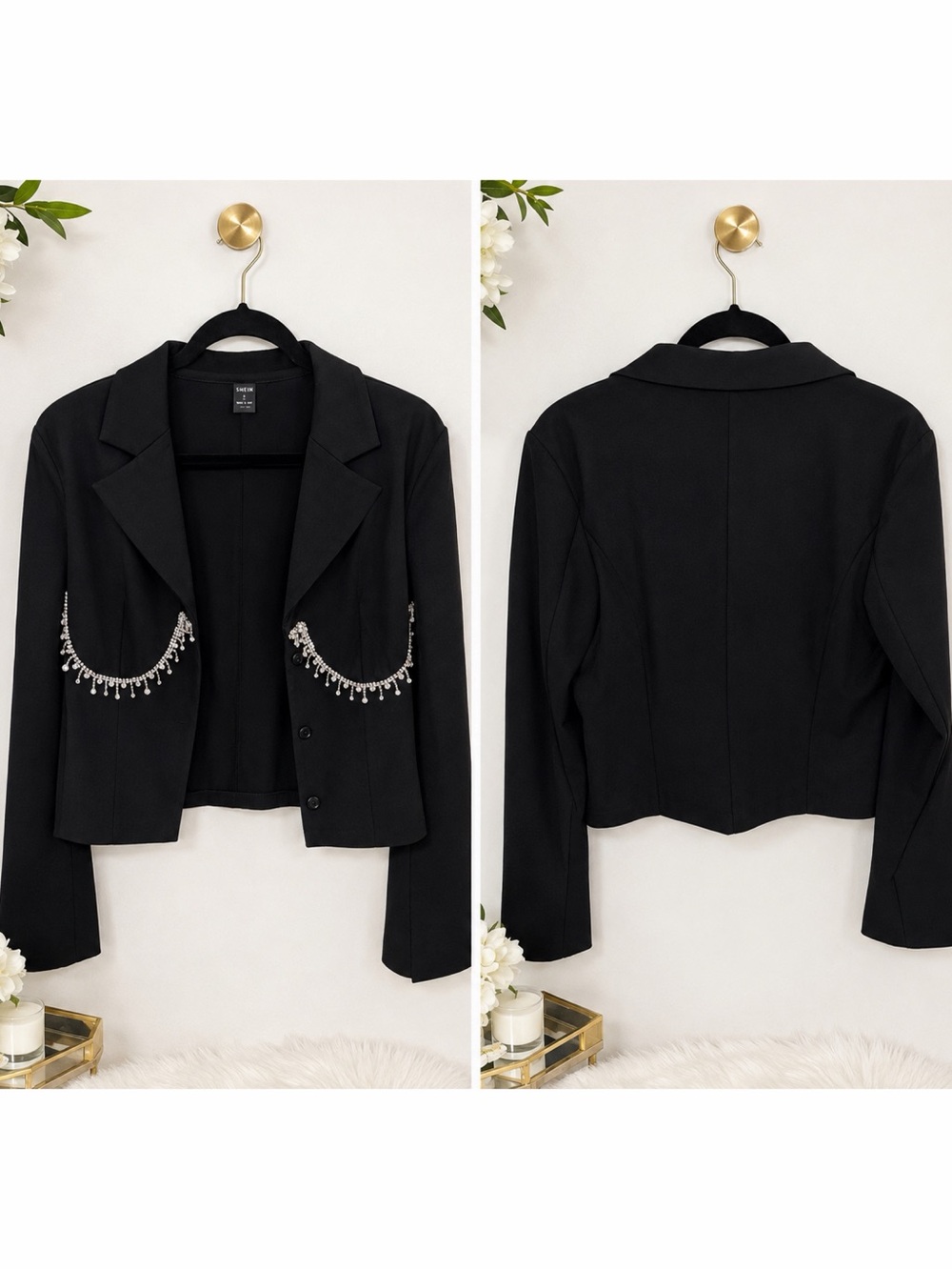 SHEIN Black Cropped Blazer with Crystal Fringe